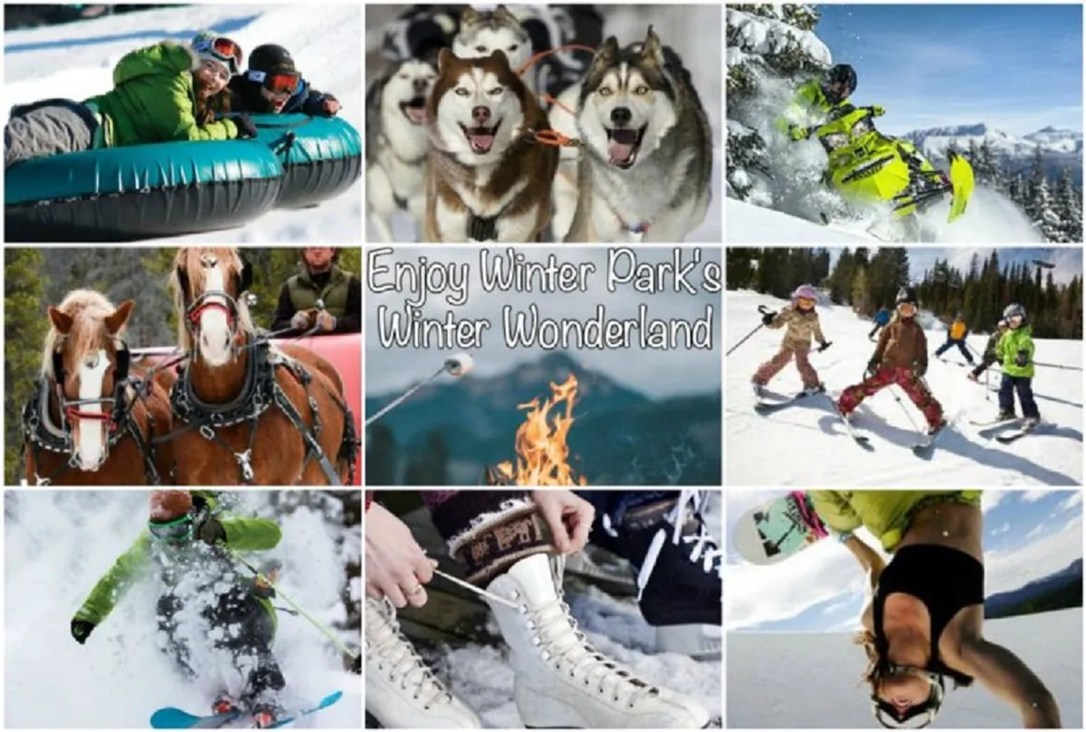 This lively image captures a range of outdoor winter activities in the mountains, including snow tubing, dog sledding, snowmobiling, skiing, and more. The joyful mood and snowy mountain setting convey the abundance of recreational opportunities and the area's appeal to outdoor enthusiasts.