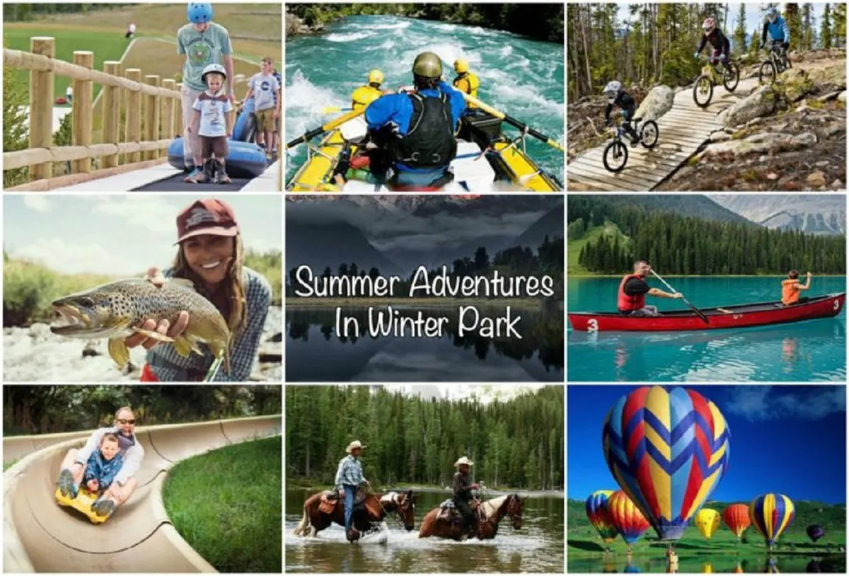 A vibrant outdoor montage showcases families and groups enjoying a variety of summer mountain adventures, including white-water rafting, mountain biking, fishing, kayaking, horseback riding, sliding down a water slide, and hot air ballooning. The image is filled with lush landscapes, blue skies, and energetic participants.